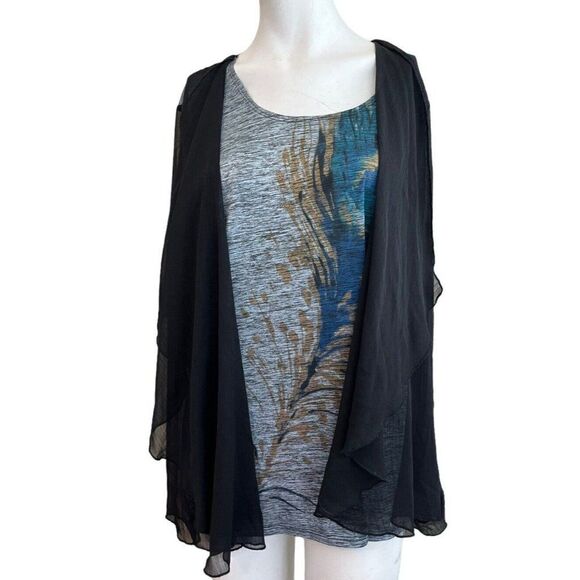Ladies Large One Piece Blouse Peacock Feather Attached Cardigan Sheer Sleeves - Picture 3 of 8